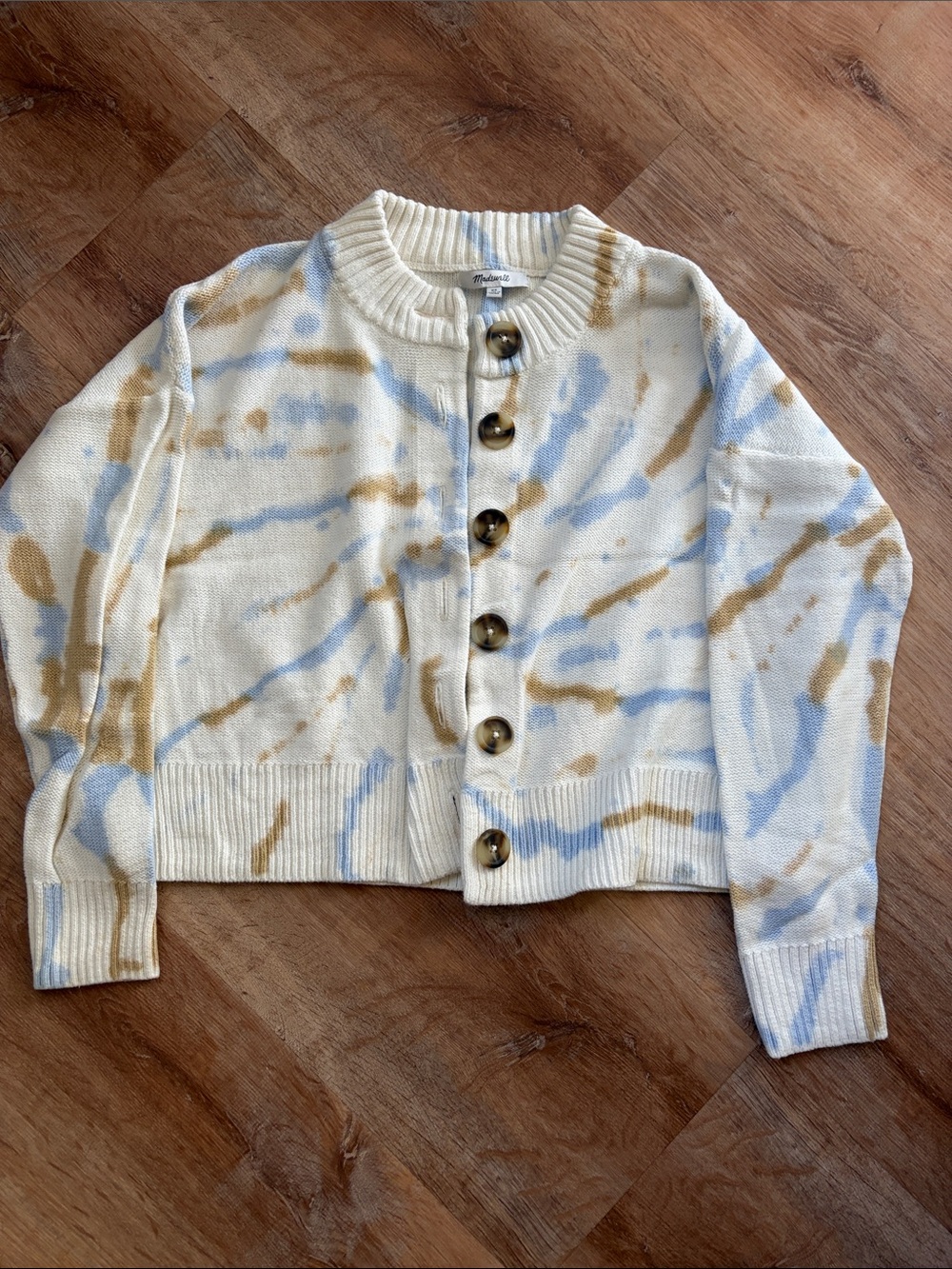 Madewell Cream Cardigan with Blue & Tan Tie-Dye Accents